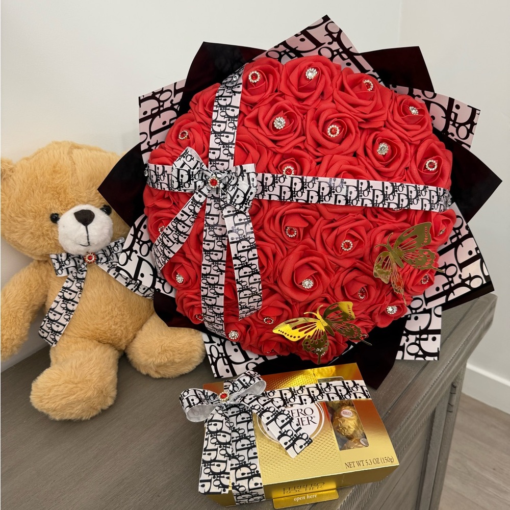 Red Rose Bouquet with Teddy Bear